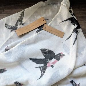 NWT Lookbym Infinity Scarf w/ Birds White Cotton